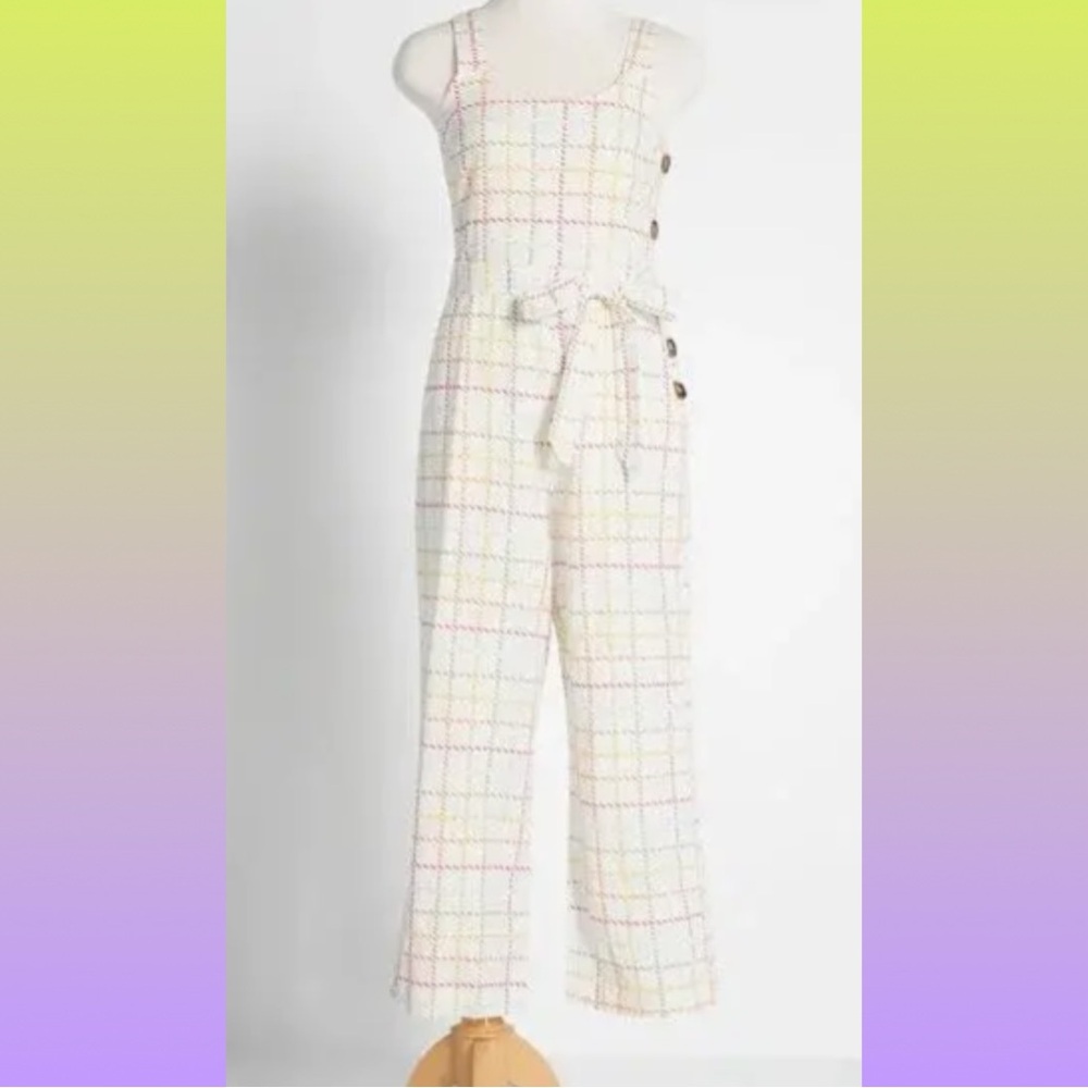 ModCloth Cream Plaid Jumpsuit with pockets